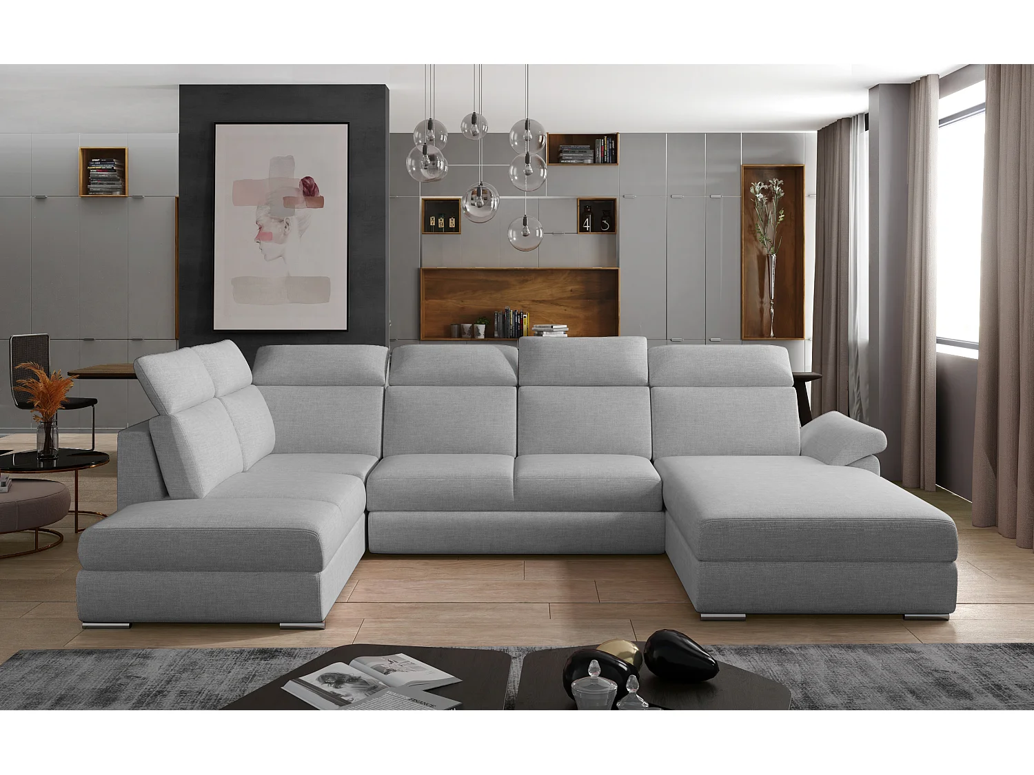 Canapé panoramique convertible LEVANO tissu - Rangement et appuie-têtes réglables-Gris perle-Coffre à droite