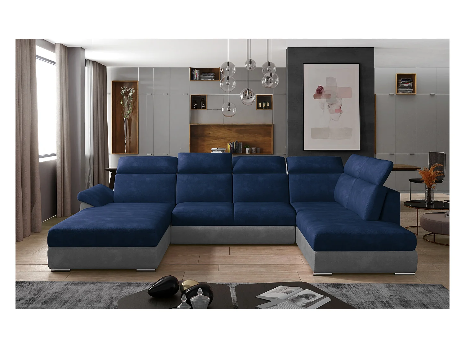 Canapé panoramique convertible LEVANO velours - Rangement et appuie-têtes réglables-Gris clair/Bleu-Coffre à gauche