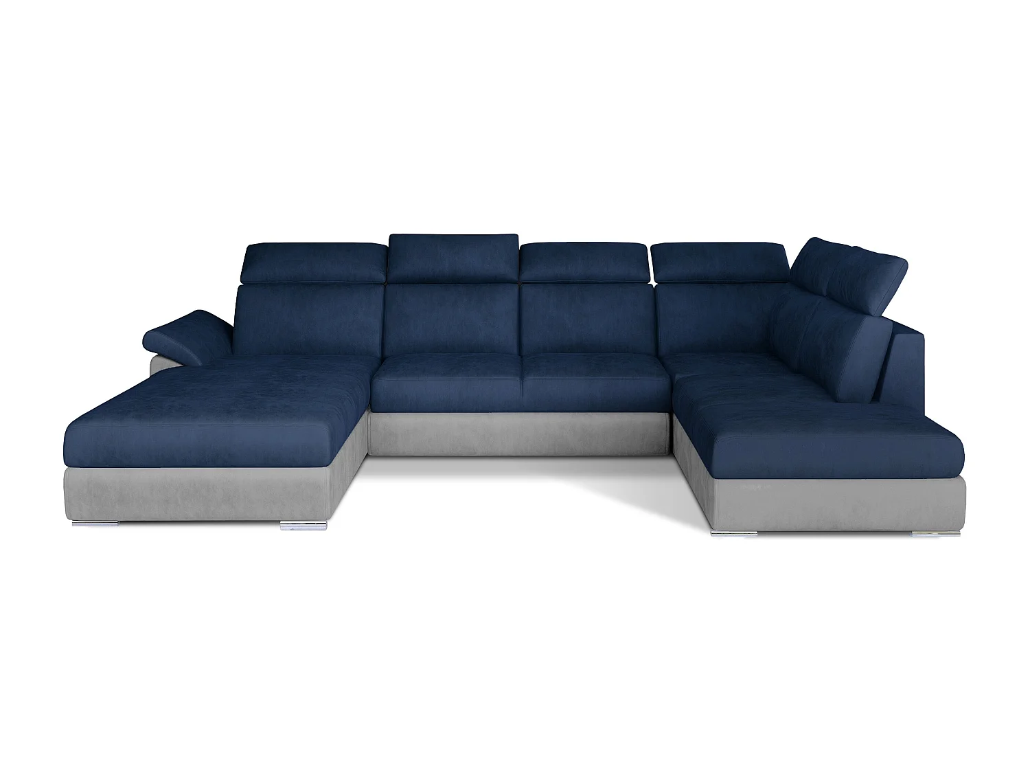 Canapé panoramique convertible LEVANO velours - Rangement et appuie-têtes réglables-Gris clair/Bleu-Coffre à gauche