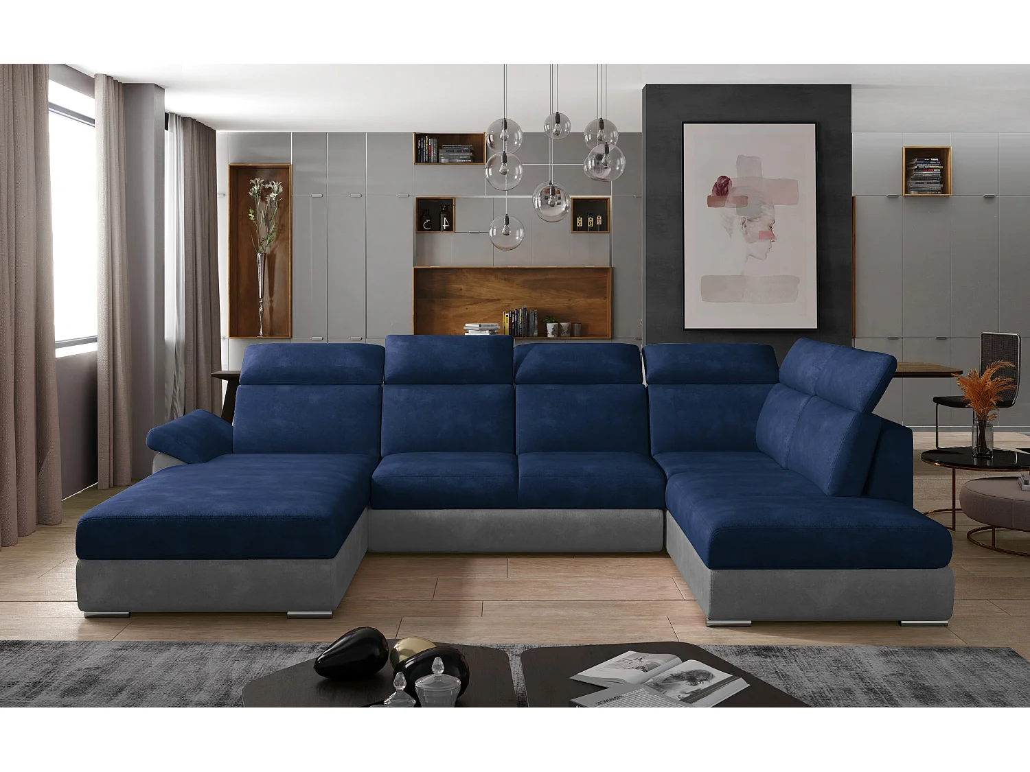 Canapé panoramique convertible LEVANO velours - Rangement et appuie-têtes réglables-Gris clair/Bleu-Coffre à gauche