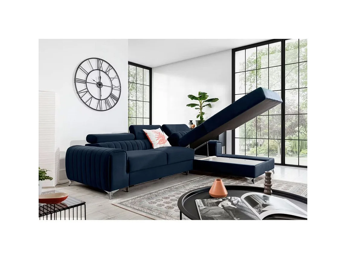 Canapé d'angle convertible velours têtière réglables GRENKY - Coffre, pieds acier chromé-Bleu marine-angle droit