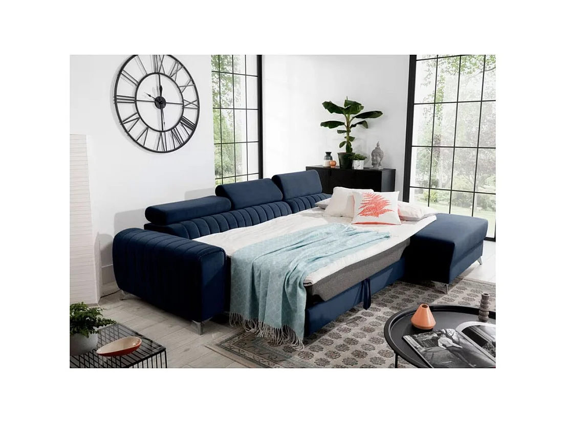 Canapé d'angle convertible velours têtière réglables GRENKY - Coffre, pieds acier chromé-Bleu marine-angle droit