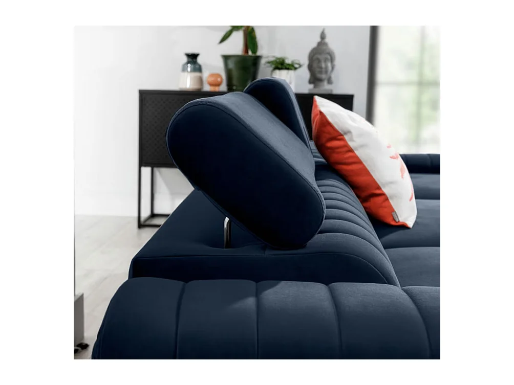 Canapé d'angle convertible velours têtière réglables GRENKY - Coffre, pieds acier chromé-Bleu marine-angle droit