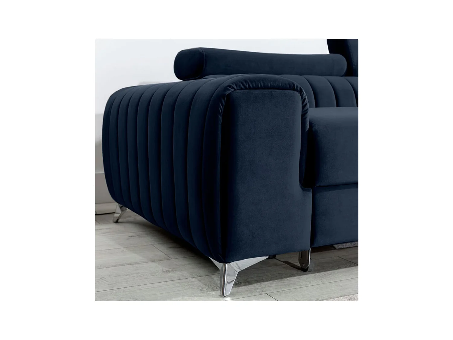 Canapé d'angle convertible velours têtière réglables GRENKY - Coffre, pieds acier chromé-Bleu marine-angle droit