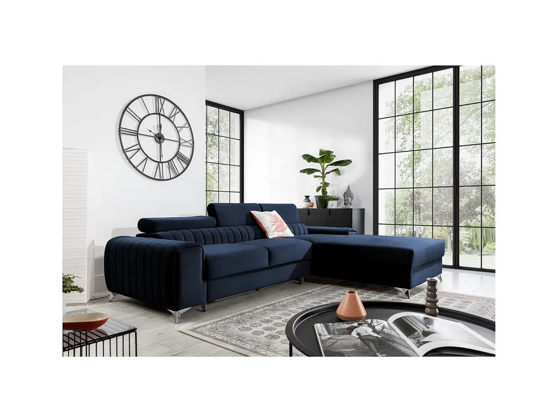 Canapé d'angle convertible velours têtière réglables GRENKY - Coffre, pieds acier chromé-Bleu marine-angle droit