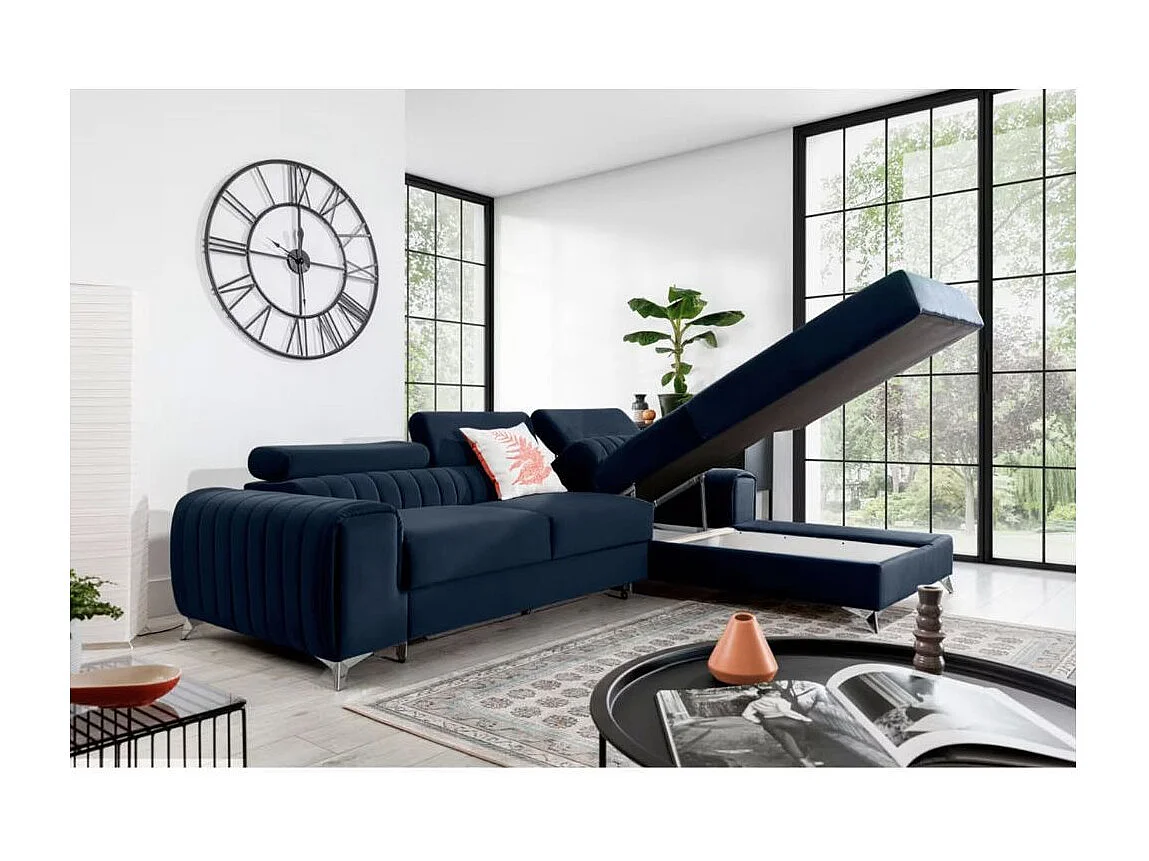 Canapé d'angle convertible velours têtière réglables GRENKY - Coffre, pieds acier chromé-Bleu marine-angle droit