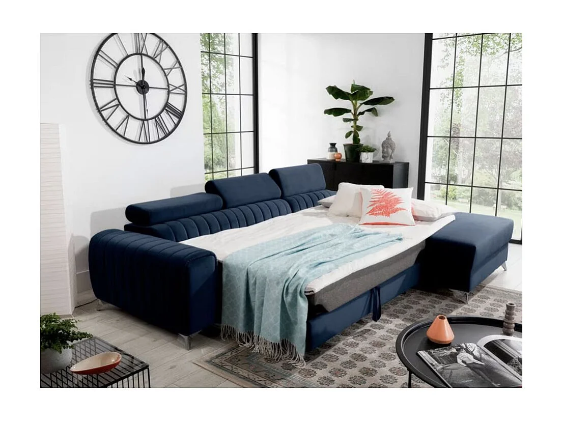 Canapé d'angle convertible velours têtière réglables GRENKY - Coffre, pieds acier chromé-Bleu marine-angle droit