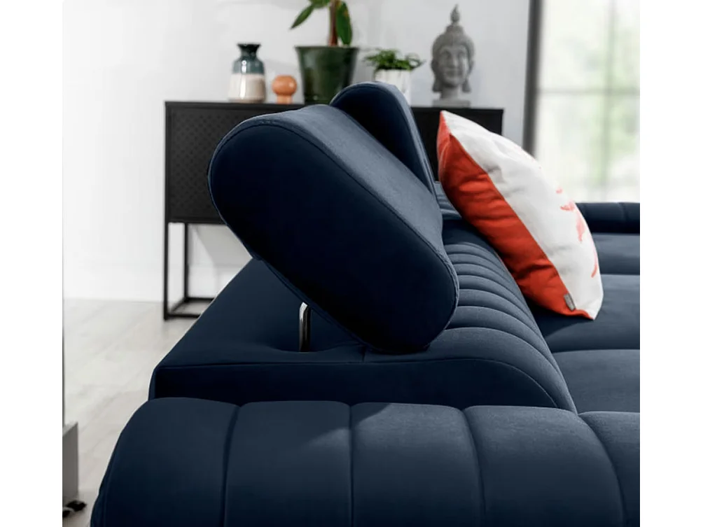 Canapé d'angle convertible velours têtière réglables GRENKY - Coffre, pieds acier chromé-Bleu marine-angle droit