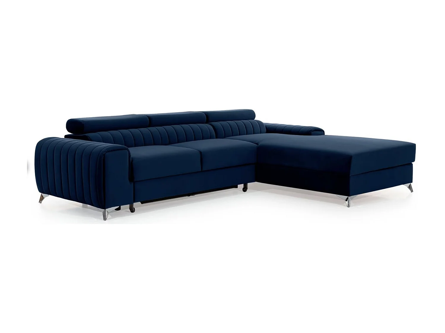 Canapé d'angle convertible velours têtière réglables GRENKY - Coffre, pieds acier chromé-Bleu marine-angle droit