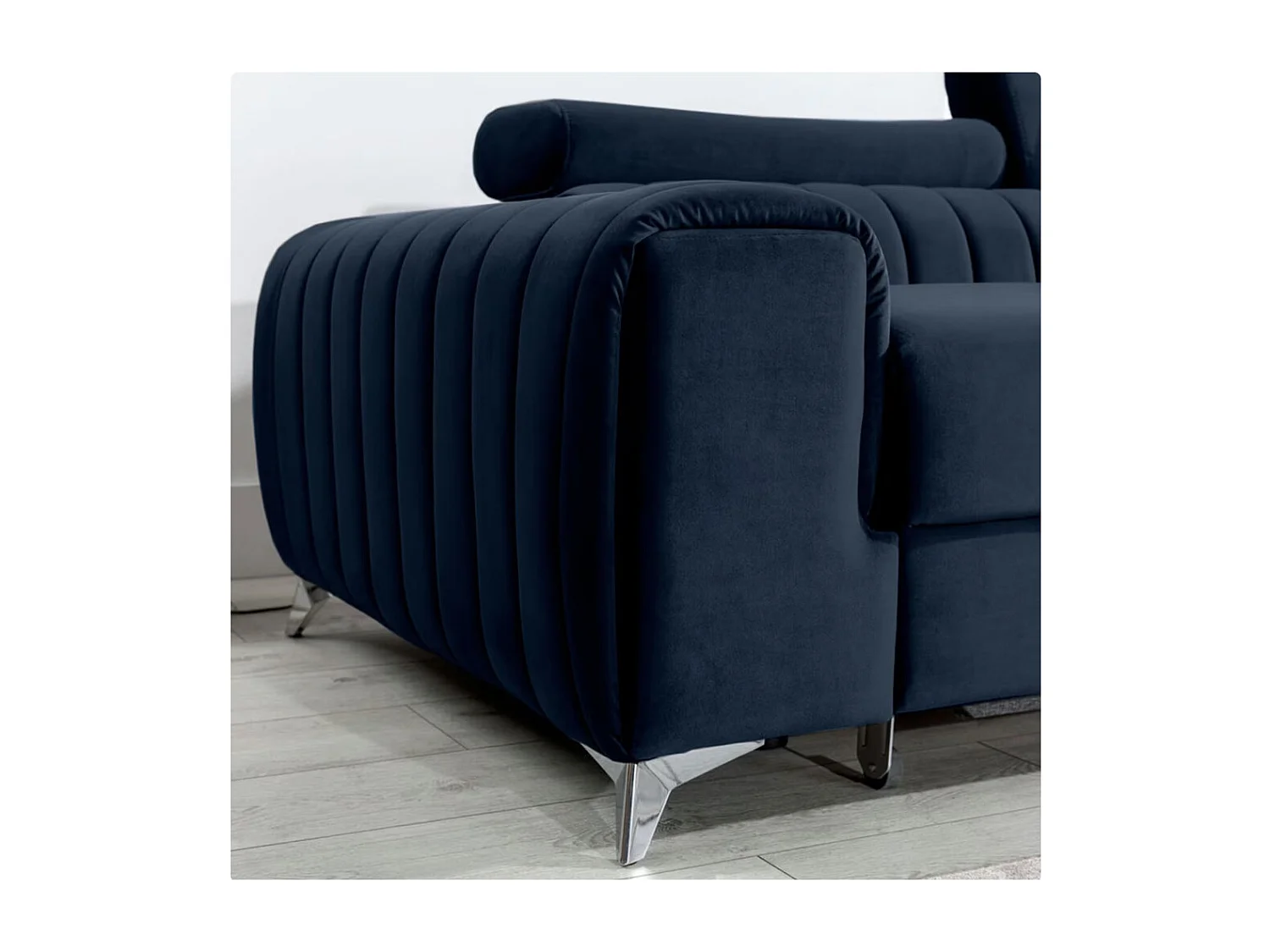 Canapé d'angle convertible velours têtière réglables GRENKY - Coffre, pieds acier chromé-Bleu marine-angle droit