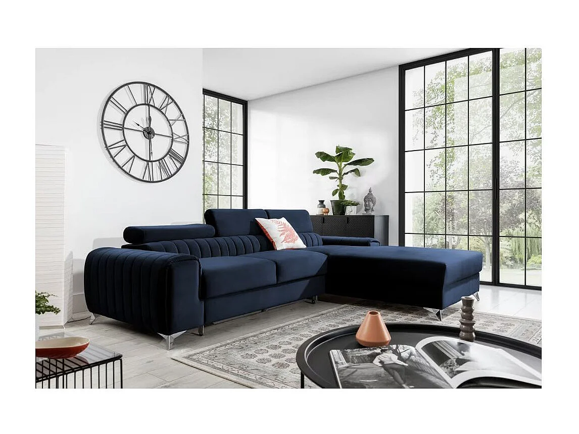 Canapé d'angle convertible velours têtière réglables GRENKY - Coffre, pieds acier chromé-Bleu marine-angle droit