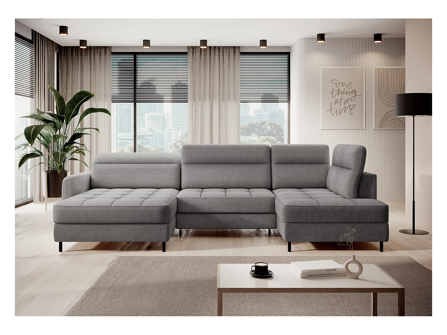 BENTO converteerbare panoramische stoffen bank met opbergvak-Kleur Grijs-linkerhoek