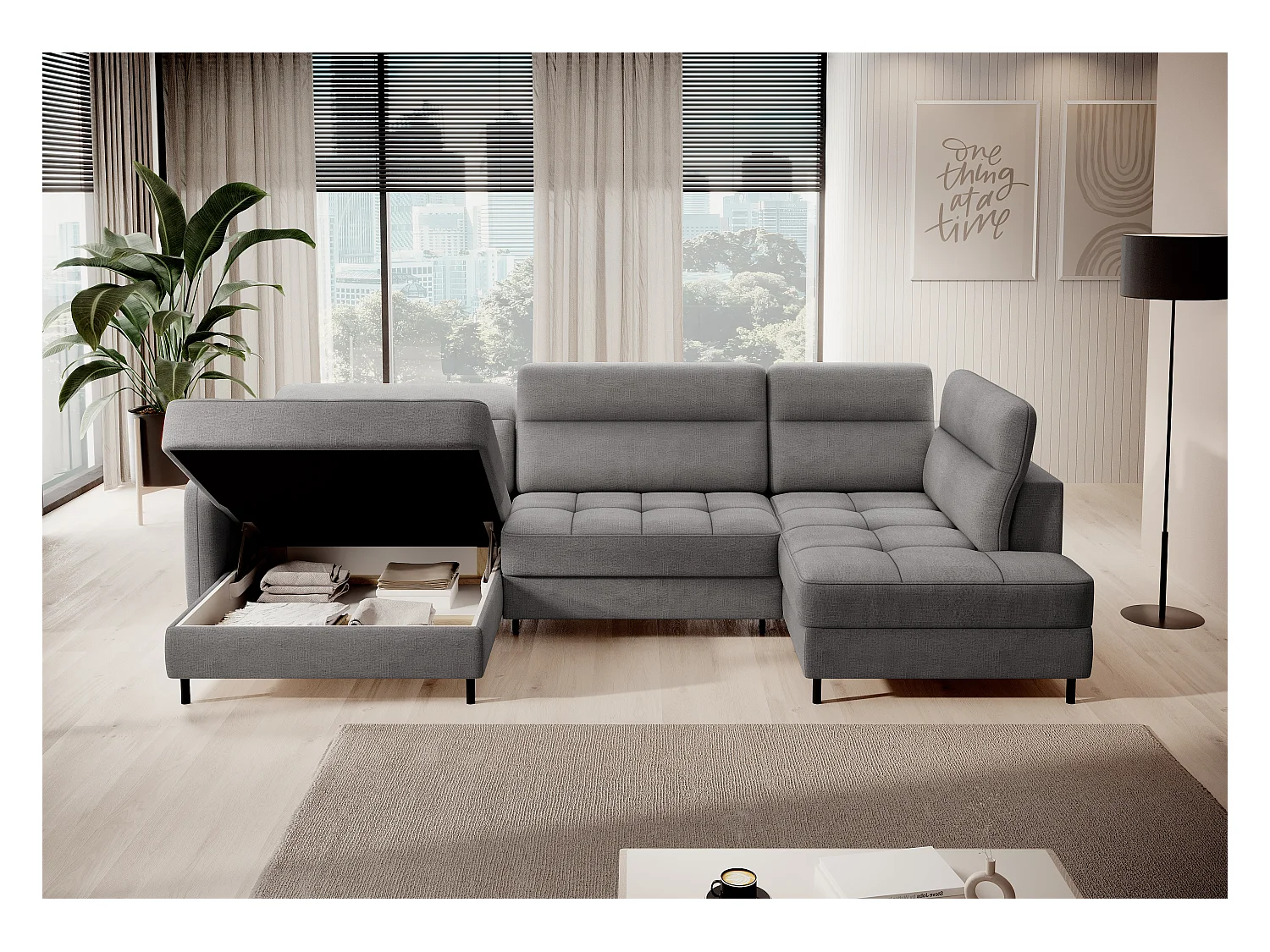 BENTO converteerbare panoramische stoffen bank met opbergvak-Kleur Grijs-linkerhoek