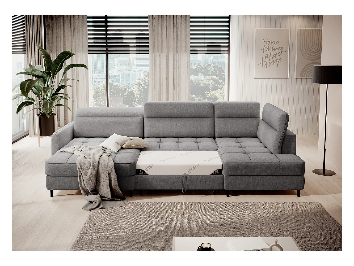 BENTO converteerbare panoramische stoffen bank met opbergvak-Kleur Grijs-linkerhoek