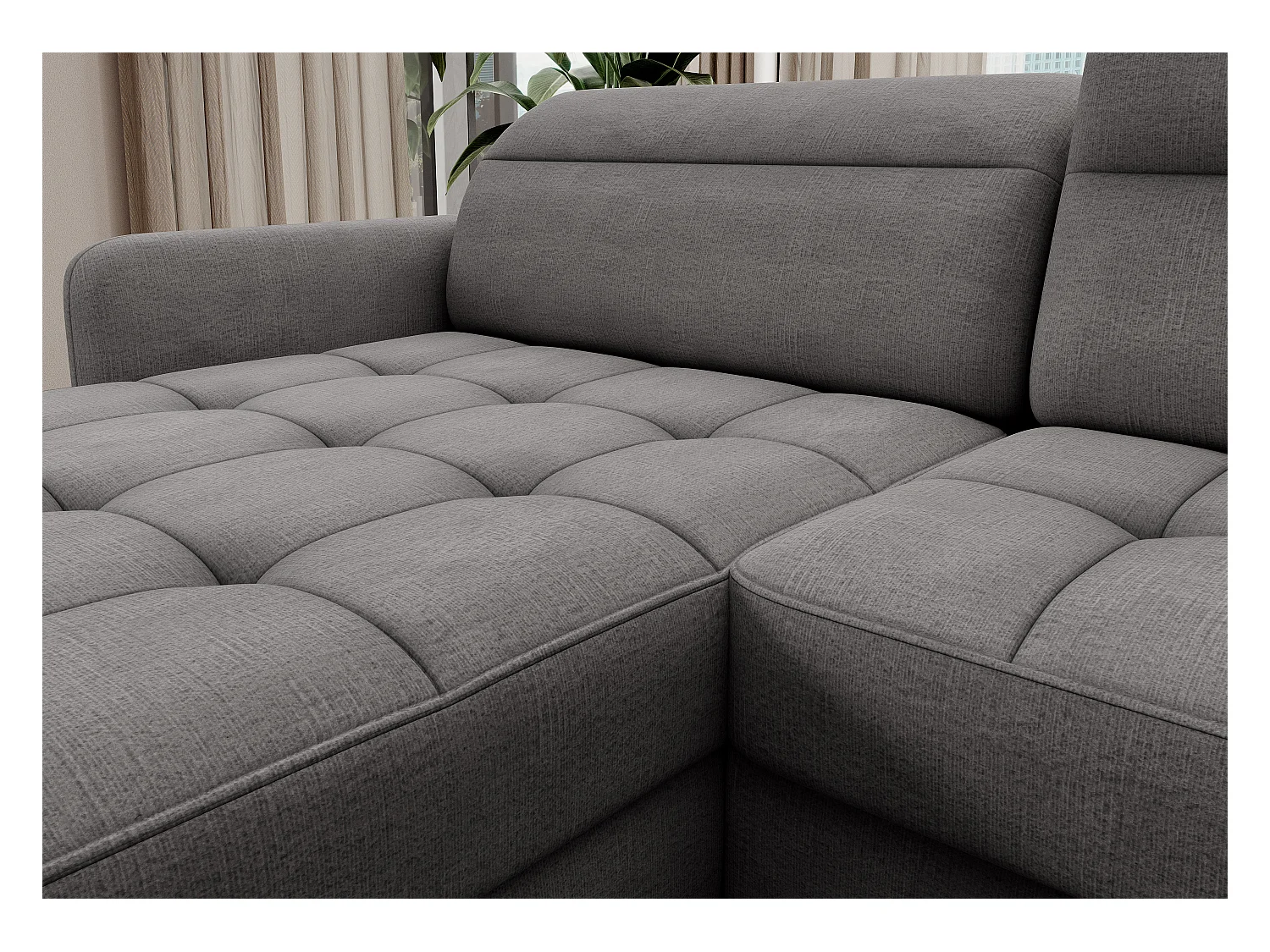 BENTO converteerbare panoramische stoffen bank met opbergvak-Kleur Grijs-linkerhoek