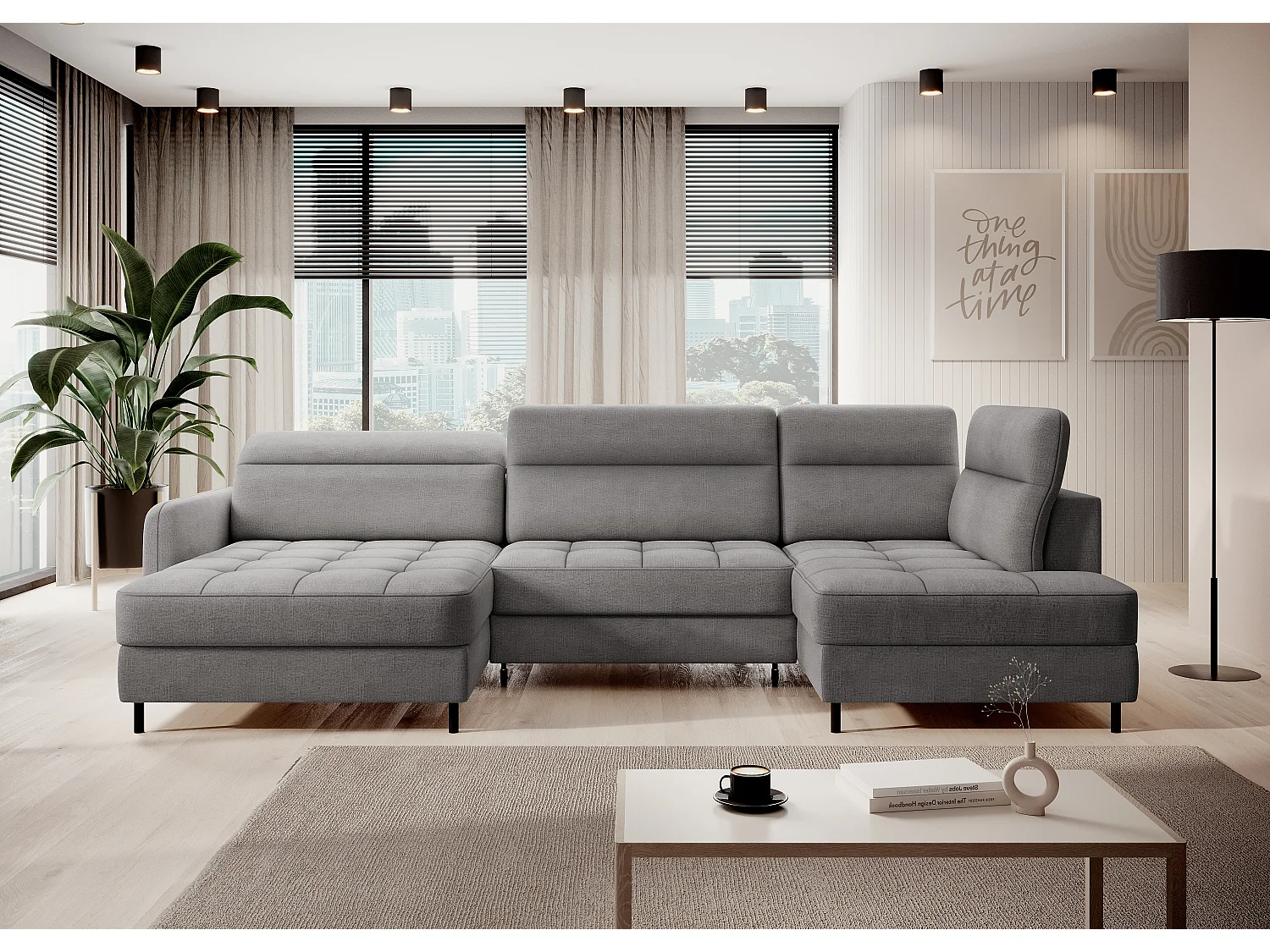 BENTO converteerbare panoramische stoffen bank met opbergvak-Kleur Grijs-linkerhoek