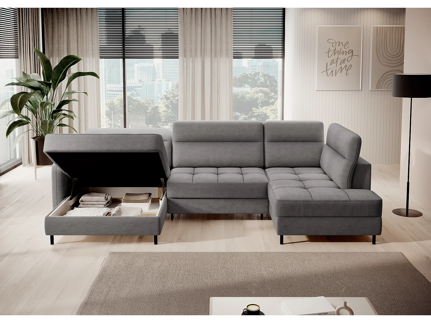 BENTO converteerbare panoramische stoffen bank met opbergvak-Kleur Grijs-linkerhoek