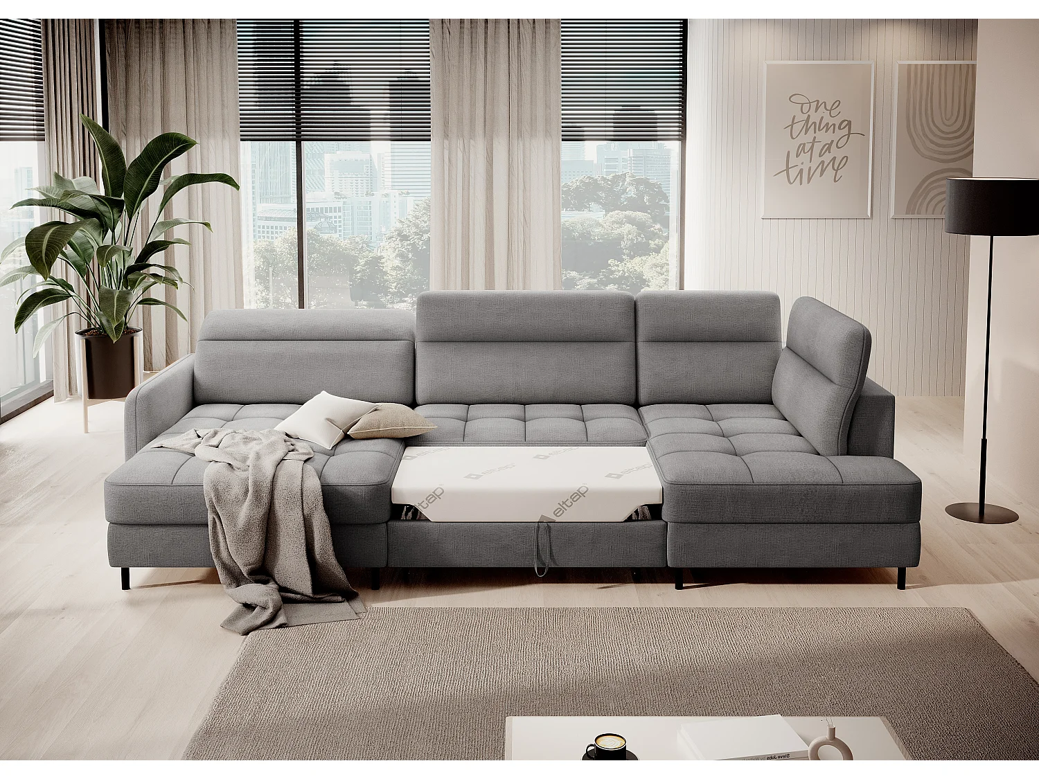 BENTO converteerbare panoramische stoffen bank met opbergvak-Kleur Grijs-linkerhoek