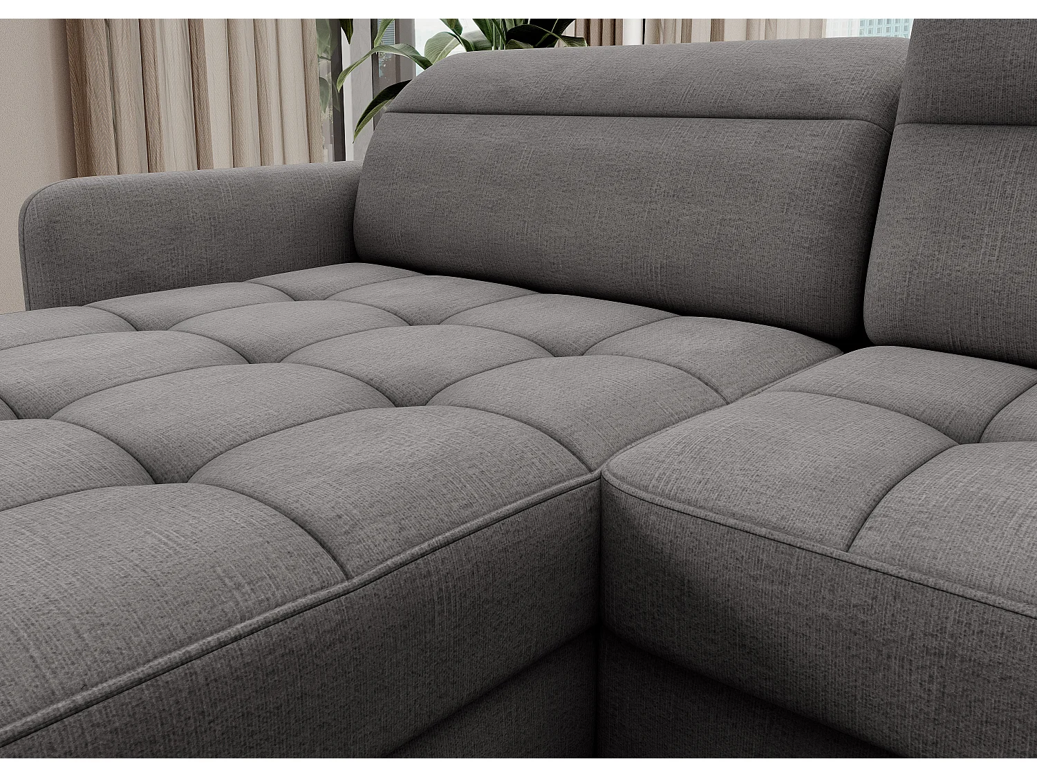 BENTO converteerbare panoramische stoffen bank met opbergvak-Kleur Grijs-linkerhoek