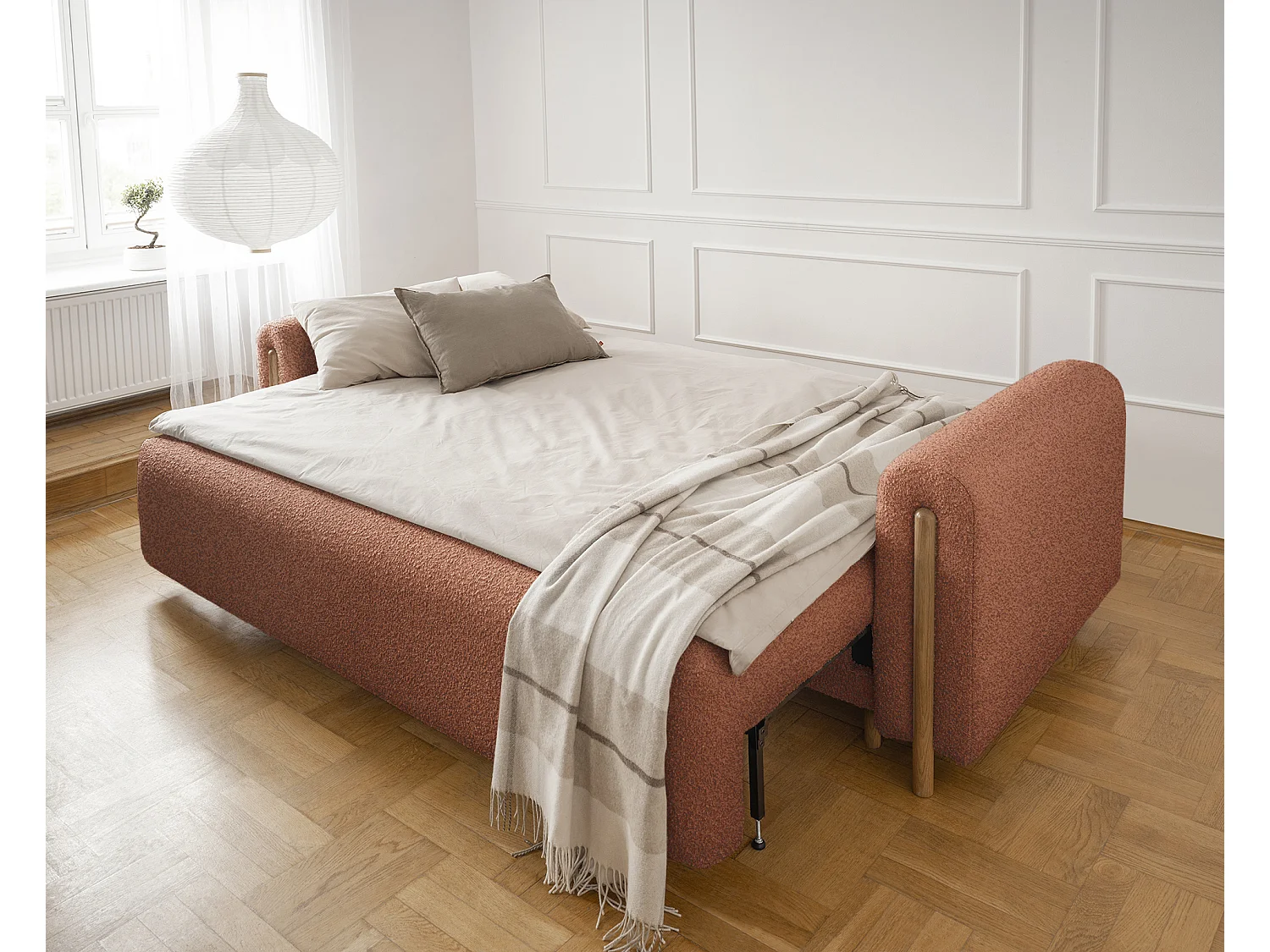 Canapé convertible en tissu bouclette DOVA - Pieds bois massif naturel-Orange brûlé