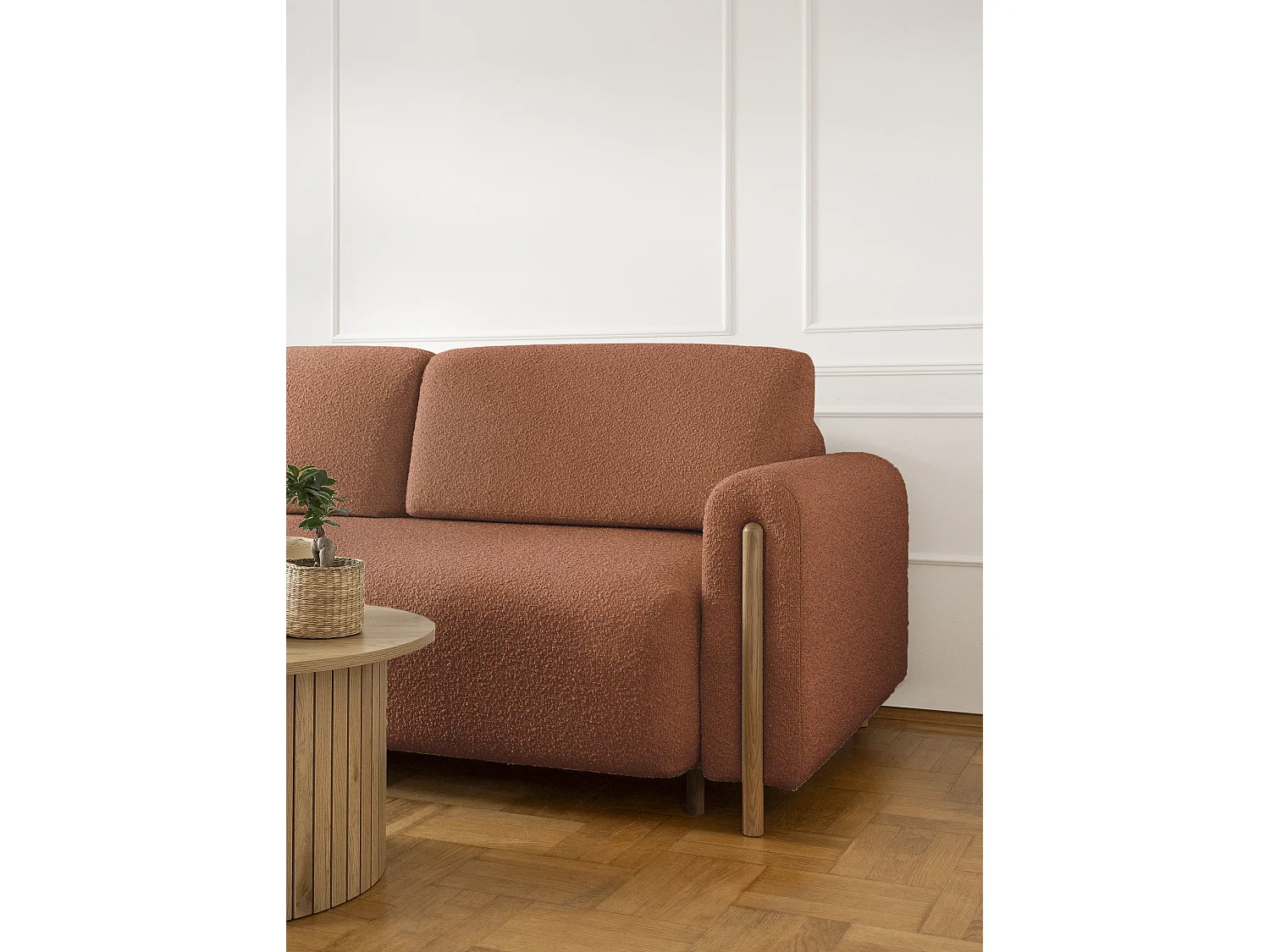 Canapé convertible en tissu bouclette DOVA - Pieds bois massif naturel-Orange brûlé