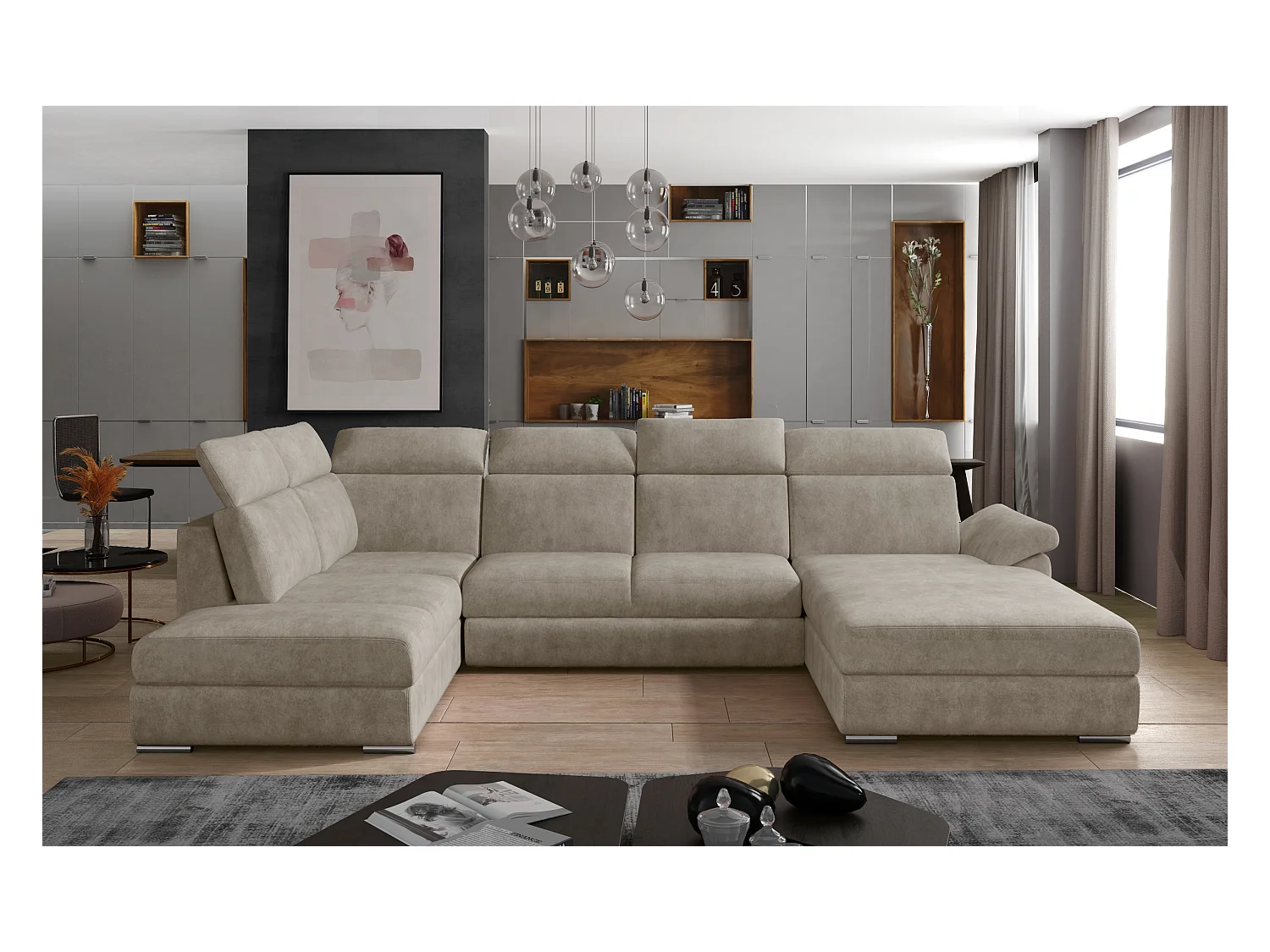 Canapé panoramique convertible LEVANO tissu - Rangement et appuie-têtes réglables-Beige-Coffre à droite