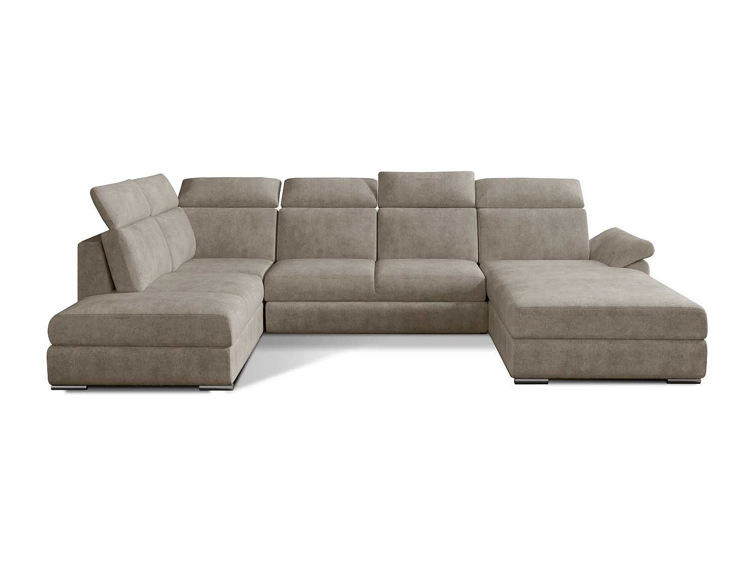 Canapé panoramique convertible LEVANO tissu - Rangement et appuie-têtes réglables-Beige-Coffre à droite