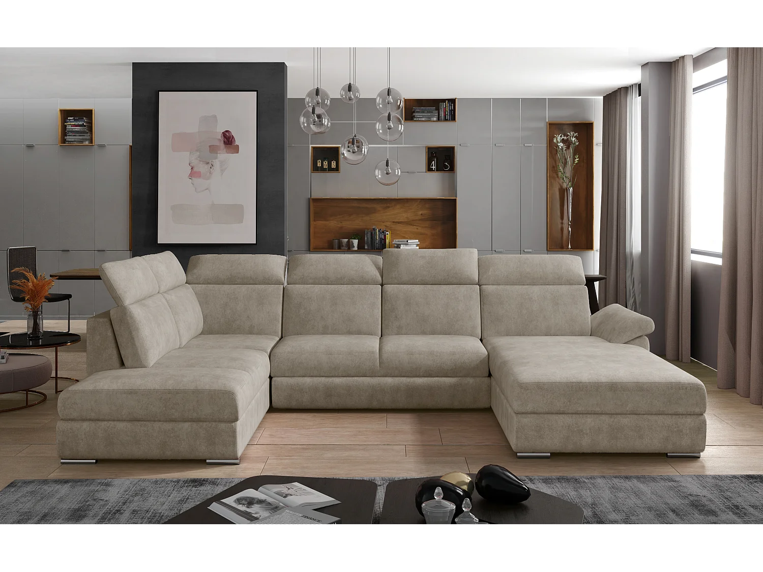 Canapé panoramique convertible LEVANO tissu - Rangement et appuie-têtes réglables-Beige-Coffre à droite