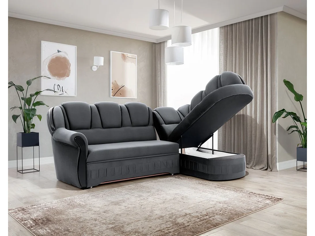 Canapé d'angle convertible avec rangement en velours Majesté-Gris-angle droit