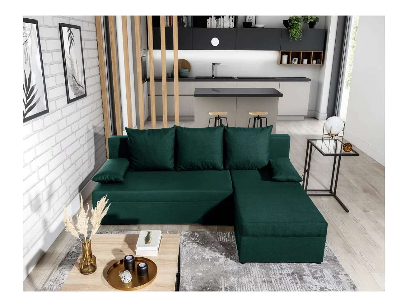 Gary omkeerbare hoekbank in groene stof, 206 cm