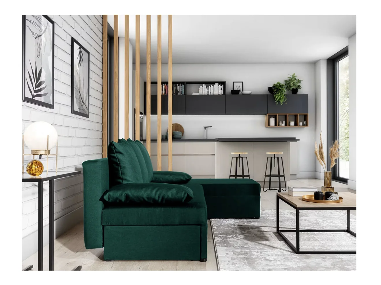 Gary omkeerbare hoekbank in groene stof, 206 cm