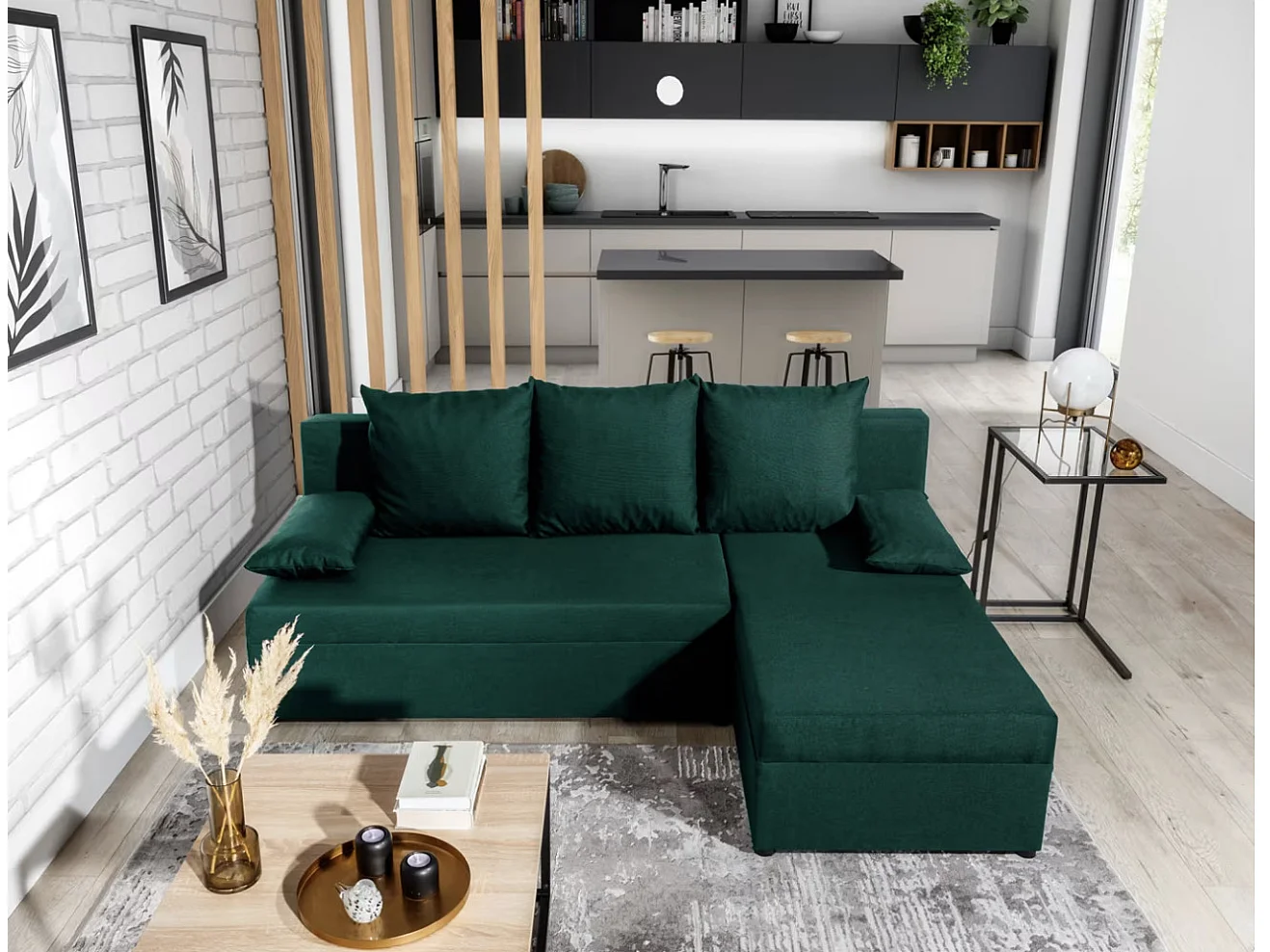 Canapé convertible angle réversible tissu vert Gary 206cm