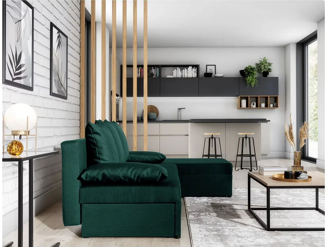 Canapé convertible angle réversible tissu vert Gary 206cm