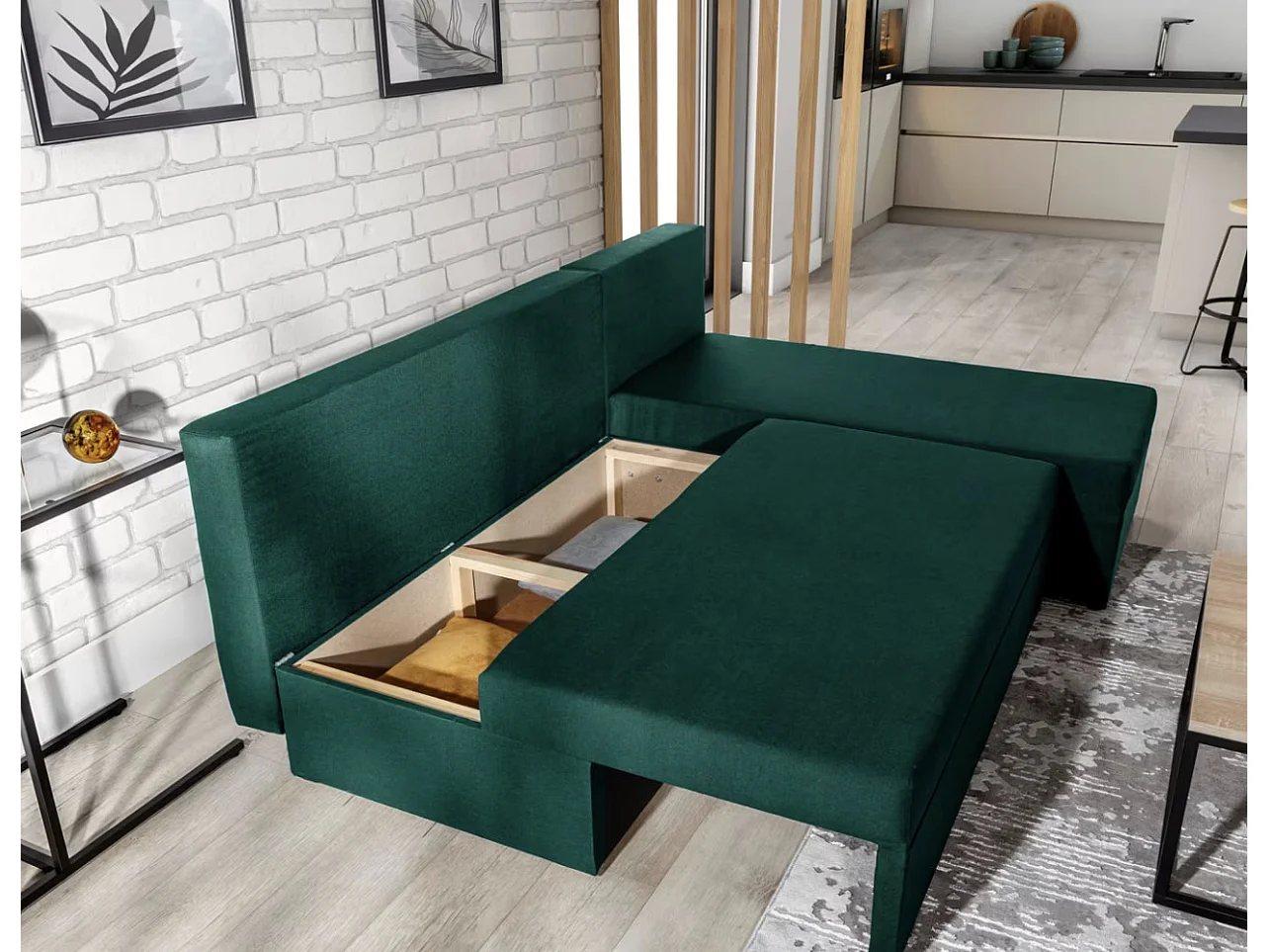 Canapé convertible angle réversible tissu vert Gary 206cm