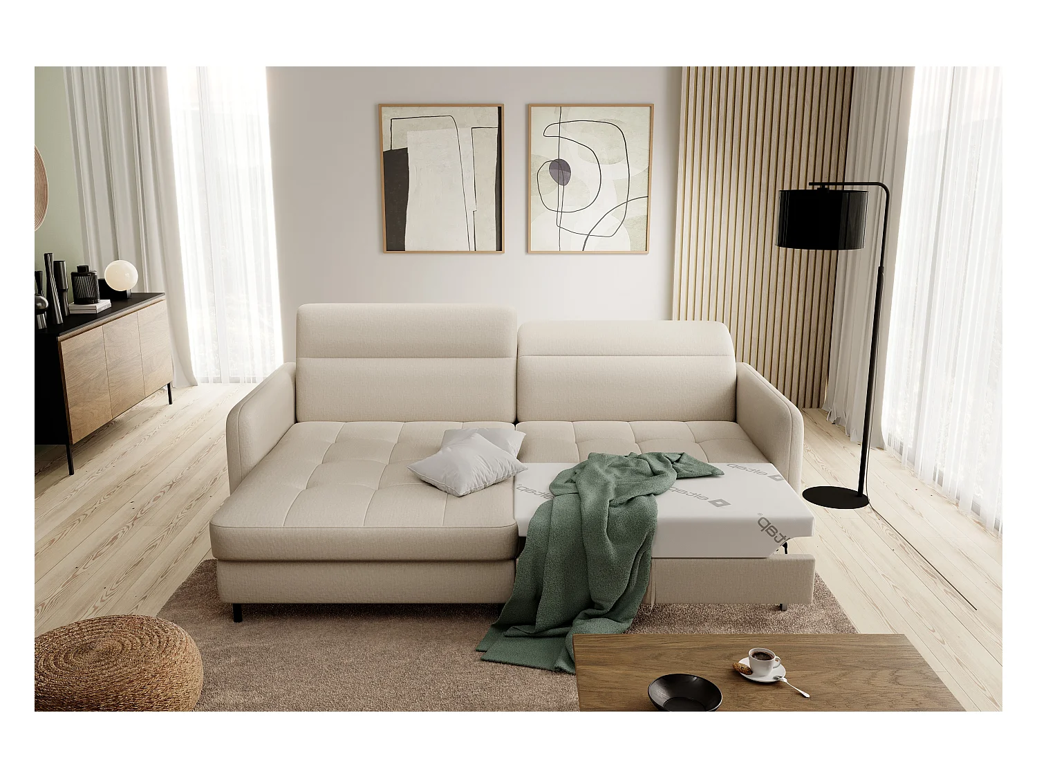 Petit canapé d’angle convertible tissu Kunder-Beige-angle gauche