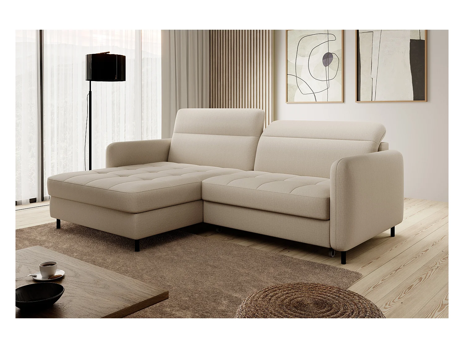 Petit canapé d’angle convertible tissu Kunder-Beige-angle gauche