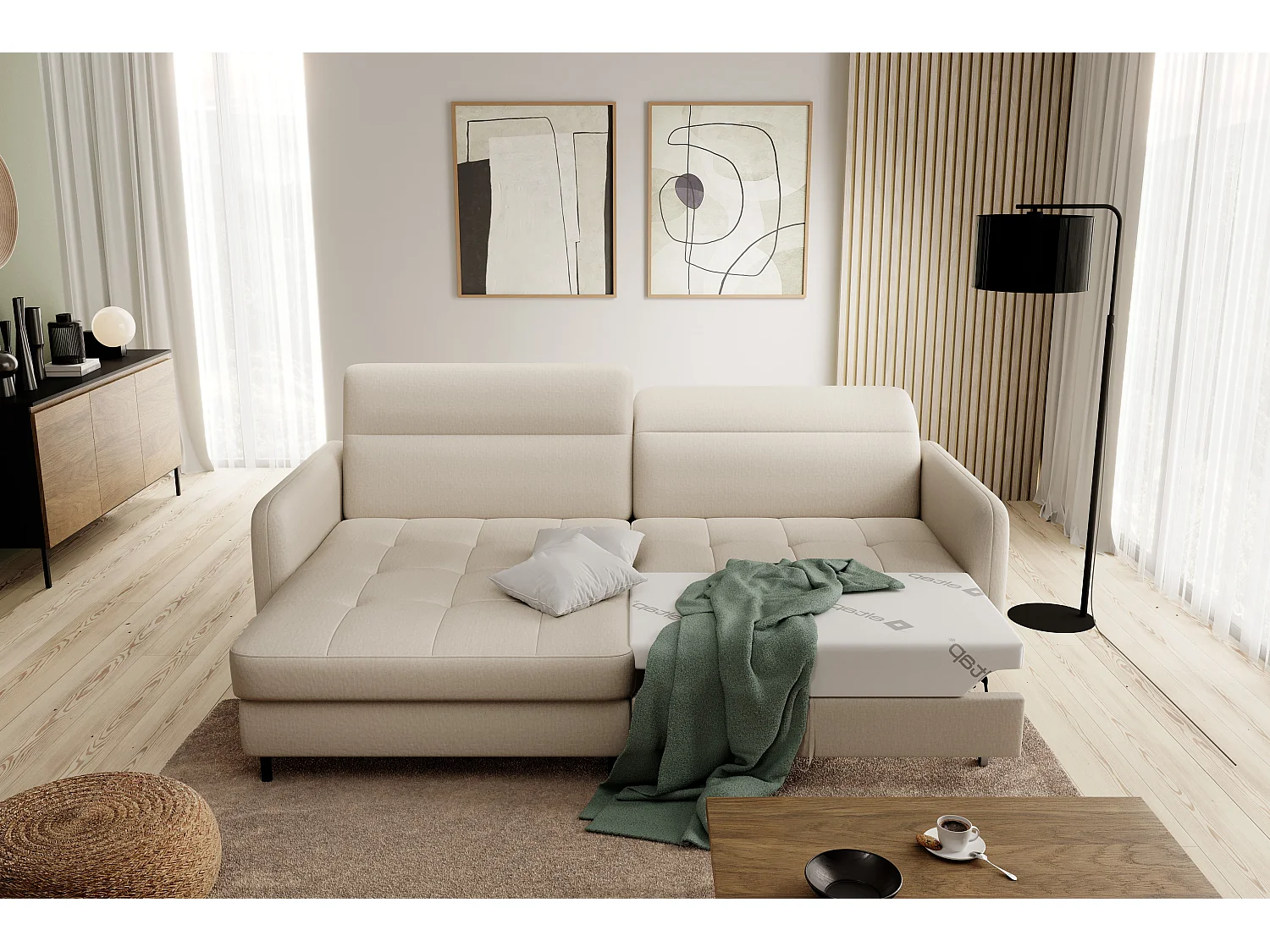 Petit canapé d’angle convertible tissu Kunder-Beige-angle gauche