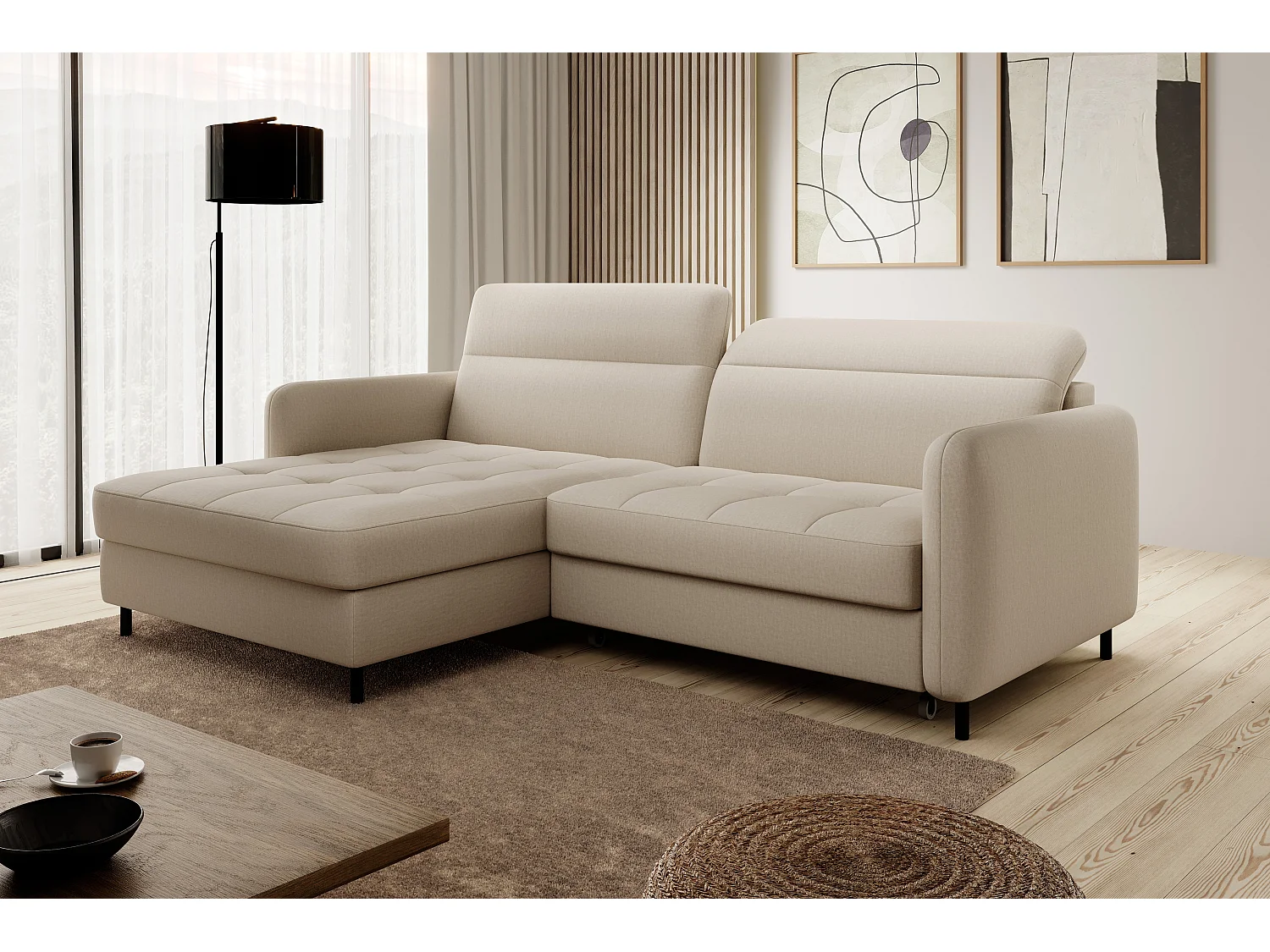 Petit canapé d’angle convertible tissu Kunder-Beige-angle gauche