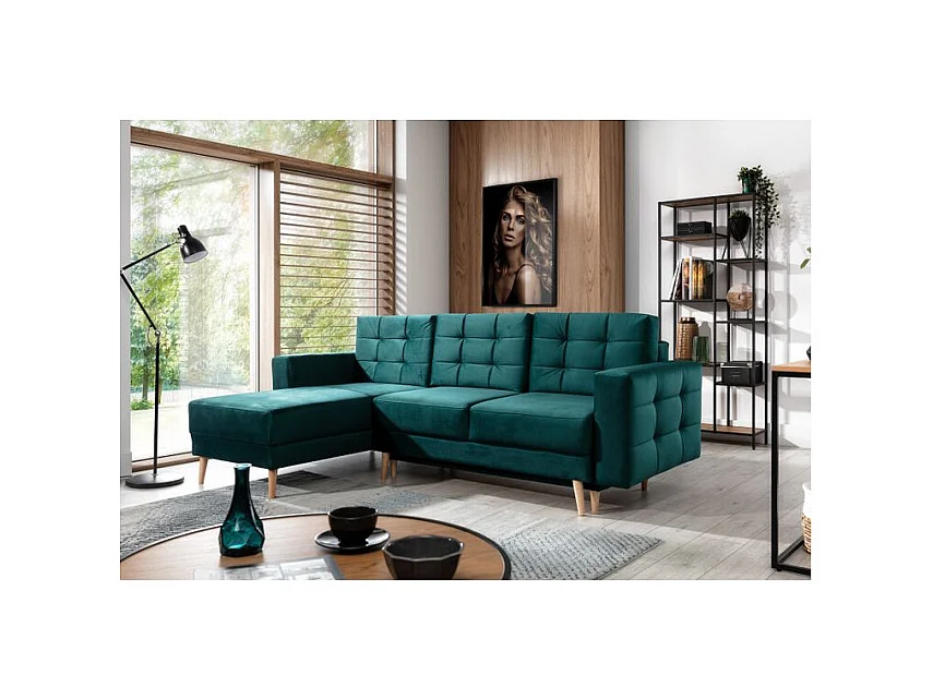 Canapé d'angle convertible et réversible velours ANSKA - Pieds bois naturel-Vert