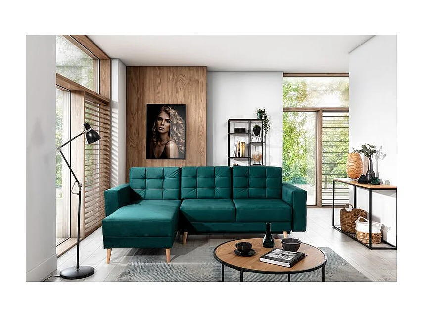 Canapé d'angle convertible et réversible velours ANSKA - Pieds bois naturel-Vert