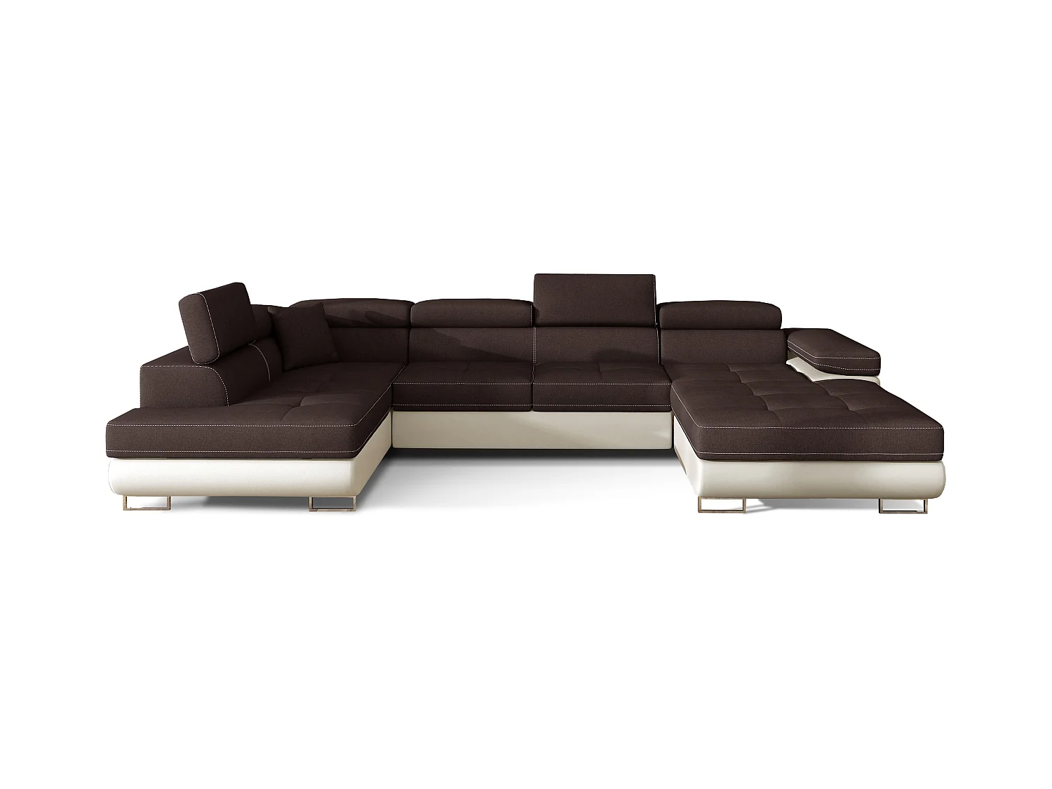 Canapé panoramique convertible ROMANO - Rangement et appuie-têtes réglables-Beige/Marron-Coffre à gauche