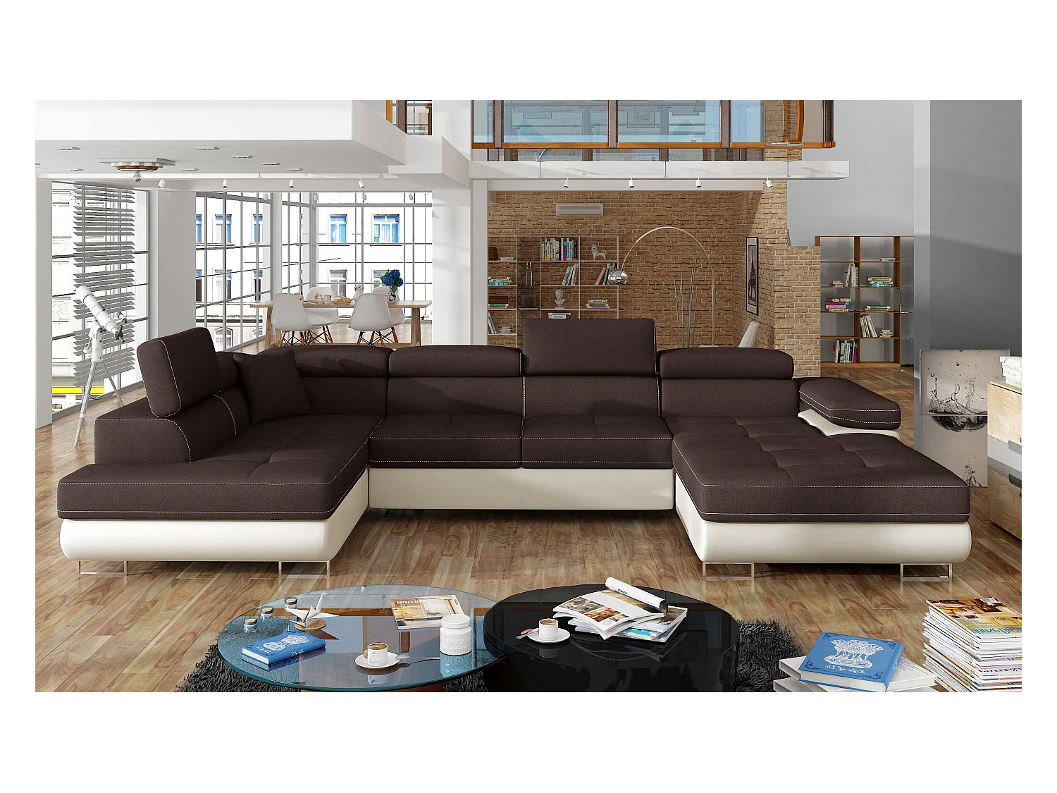 Canapé panoramique convertible ROMANO - Rangement et appuie-têtes réglables-Beige/Marron-Coffre à gauche