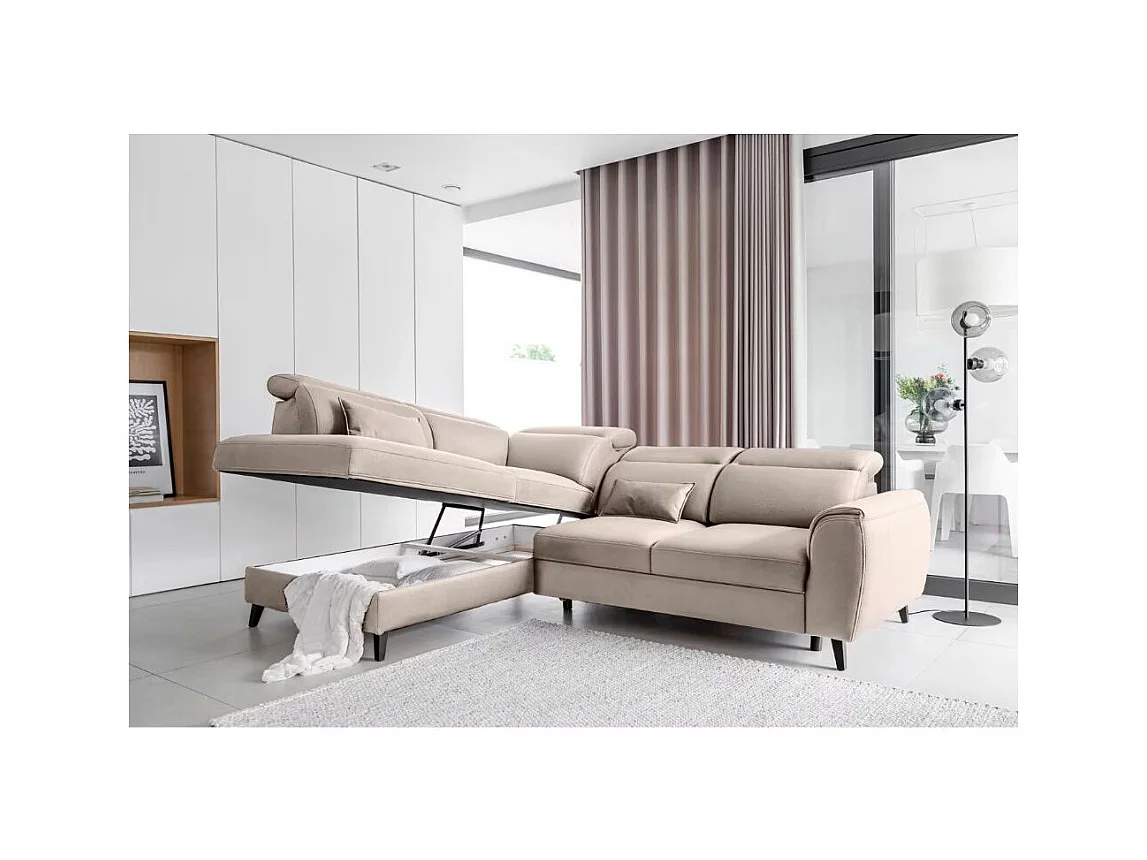 Canapé d'angle convertible avec rangement velours NOBLESSE - Pieds bois noir-Taupe-angle gauche