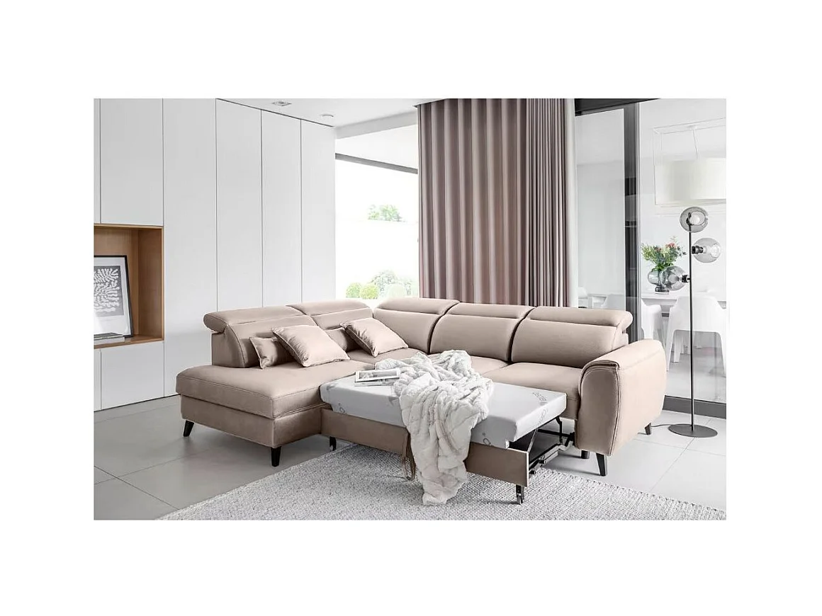 Canapé d'angle convertible avec rangement velours NOBLESSE - Pieds bois noir-Taupe-angle gauche