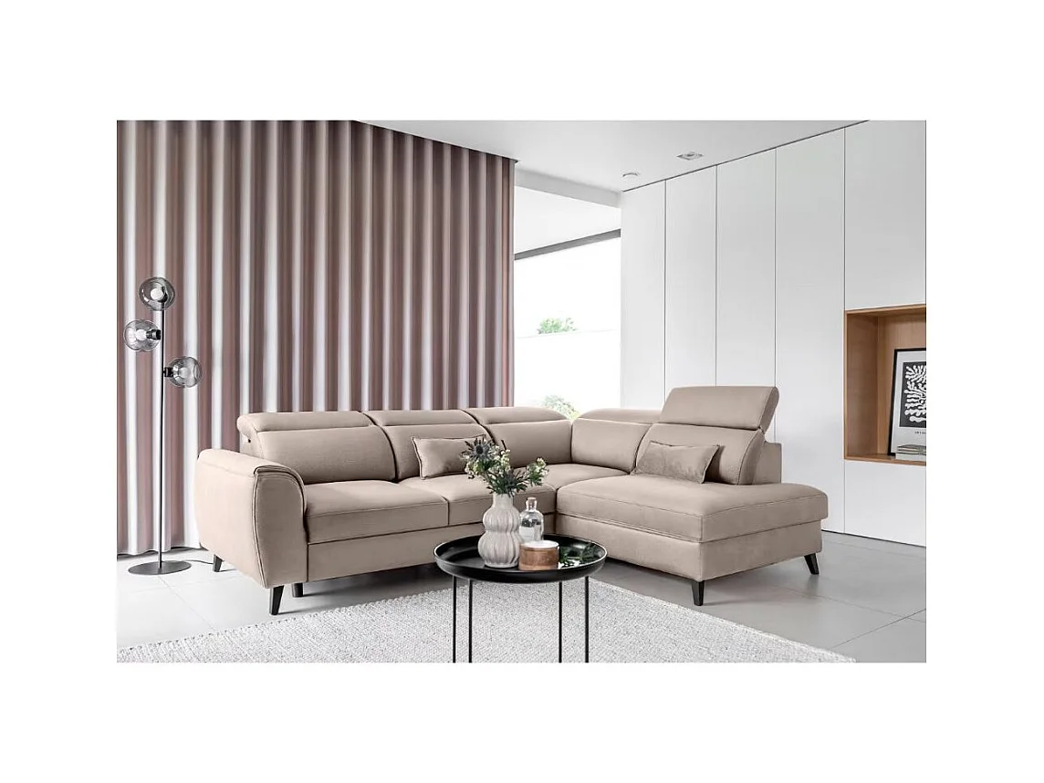 Canapé d'angle convertible avec rangement velours NOBLESSE - Pieds bois noir-Taupe-angle gauche