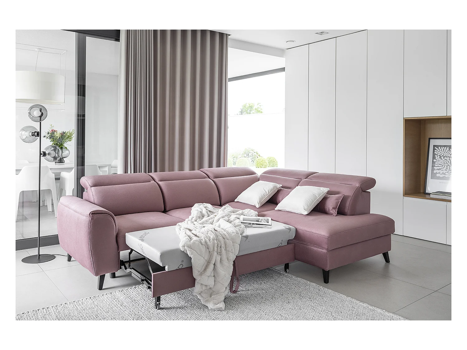 Canapé d'angle convertible avec rangement velours NOBLESSE - Pieds bois noir-Taupe-angle gauche