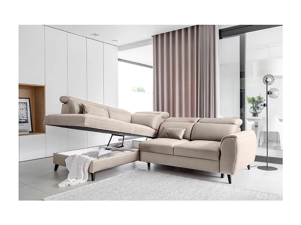 Canapé d'angle convertible avec rangement velours NOBLESSE - Pieds bois noir-Taupe-angle gauche