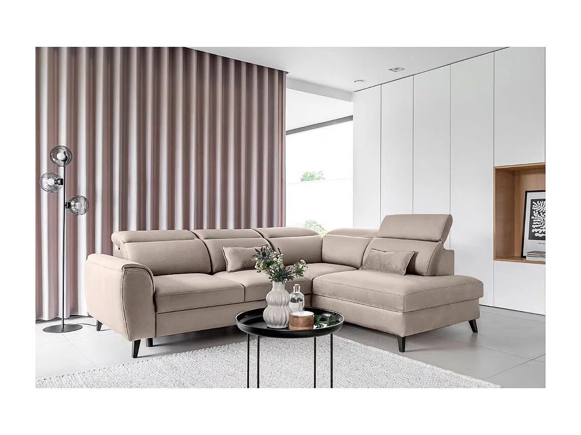 Canapé d'angle convertible avec rangement velours NOBLESSE - Pieds bois noir-Taupe-angle gauche