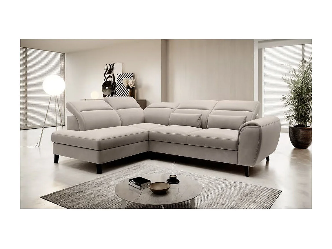 Canapé d'angle convertible avec rangement velours NOBLESSE - Pieds bois noir-Taupe-angle gauche