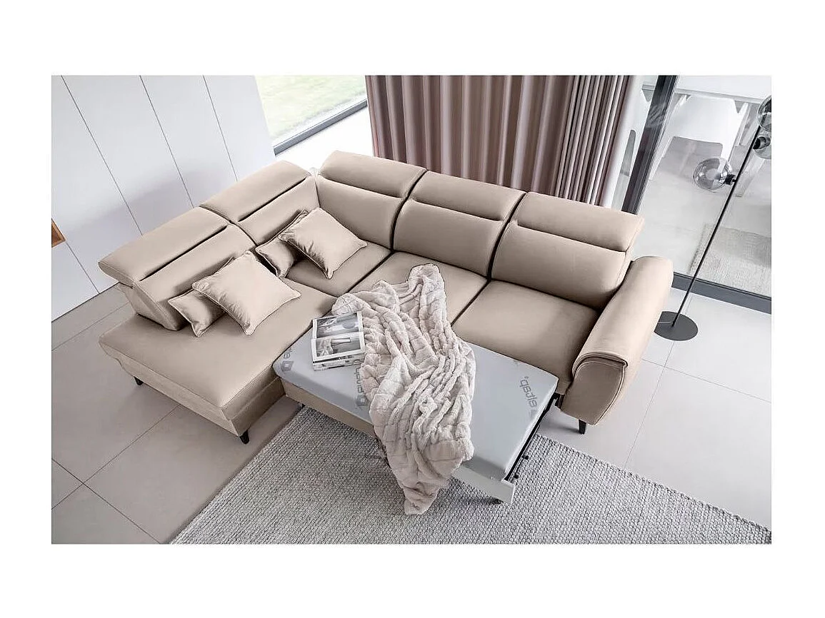 Canapé d'angle convertible avec rangement velours NOBLESSE - Pieds bois noir-Taupe-angle gauche